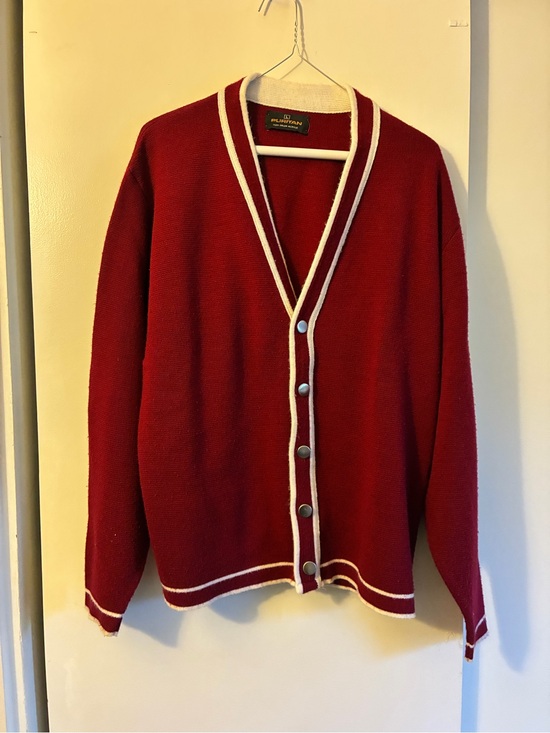 Puritan Sweaters - Puritan Red Cardigan Sweater with Cream Contrast Trim